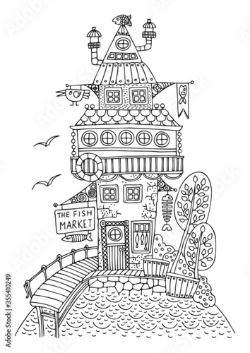 Hand drawn house. The fairytale fish market with the signboard on the seashore. Sketch for anti-stress adult coloring book in zen-tangle style. Vector illustration for coloring page.