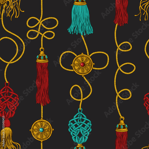 .Various tassels or sword knots with ornaments on the cords. Vector seamless pattern on dark background...
