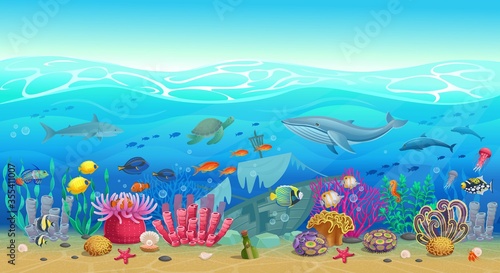 Fototapeta Naklejka Na Ścianę i Meble -  Big marine set of coral reef with algae tropical fish, a whale, an octopus, a turtle, jellyfish, a shark, an angler fish, a seahorse, a squid and corals. Vector illustration in cartoon style.