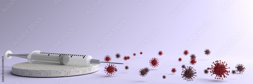 Corona Virus 2020. Syringe on the round stone pedestal and infections prevention Coronavirus Covid-19, Isolated on violet background, 3D rendering. concept virus Covid-19 protection. Covid-19.