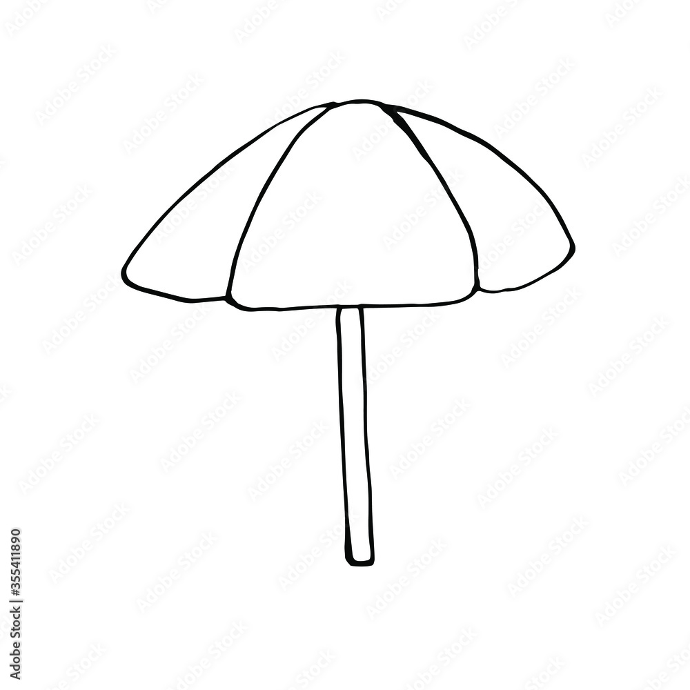Single beach umbrella. Vector drawing in Doodle style. Isolated on a white background. Theme of summer design and decor. Coloring book for children and adults. Single beach umbrella. Vector drawing in Doodle style. Isolated on a white background. Theme of summer design and decor. Coloring book for children and adults.