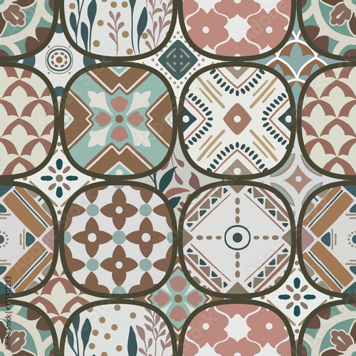 Luxury oriental tile seamless pattern in style of colorful floral patchwork boho chic with mandala in ellipse design elements. Flower vector ornament background with eastern motif