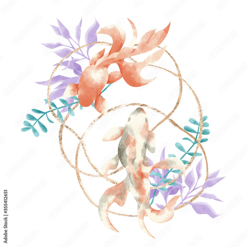 水草と金魚の水彩手描きイラスト Stock イラスト Adobe Stock
