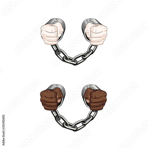 No racism. free slave handcuffs chain. realistic White and african hands cuffed. Vector graphic illustration. No slavery. People freedom.