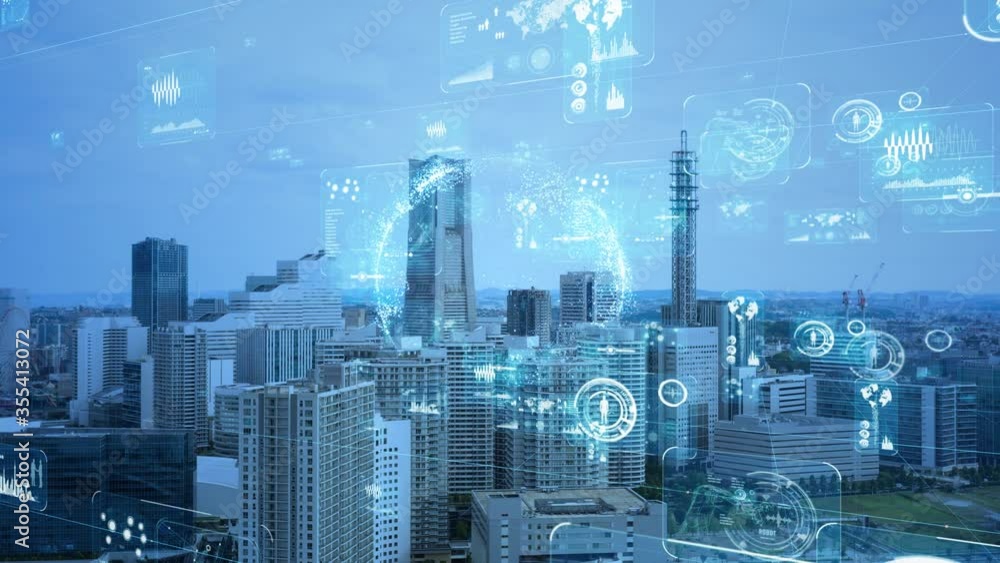 都市とネットワーク 近代的なビル群空撮と通信イメージ IoT ICT 都市とネットワーク 近代的なビル群空撮と通信イメージ IoT ICT