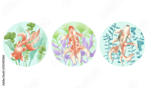 水草と金魚の水彩手描きイラスト