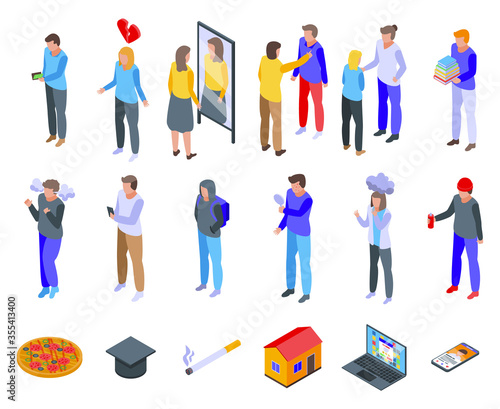 Teen problems icons set. Isometric set of teen problems vector icons for web design isolated on white background