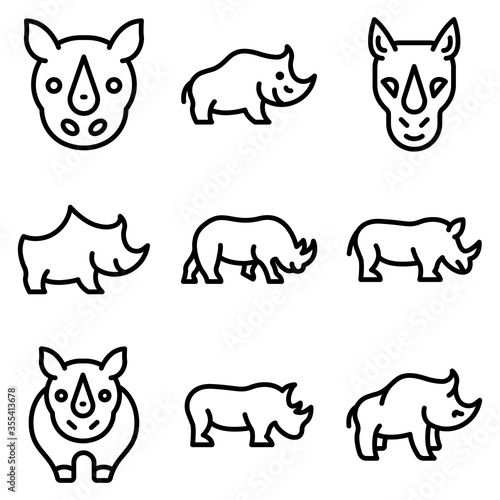 Rhino icons set. Outline set of rhino vector icons for web design isolated on white background