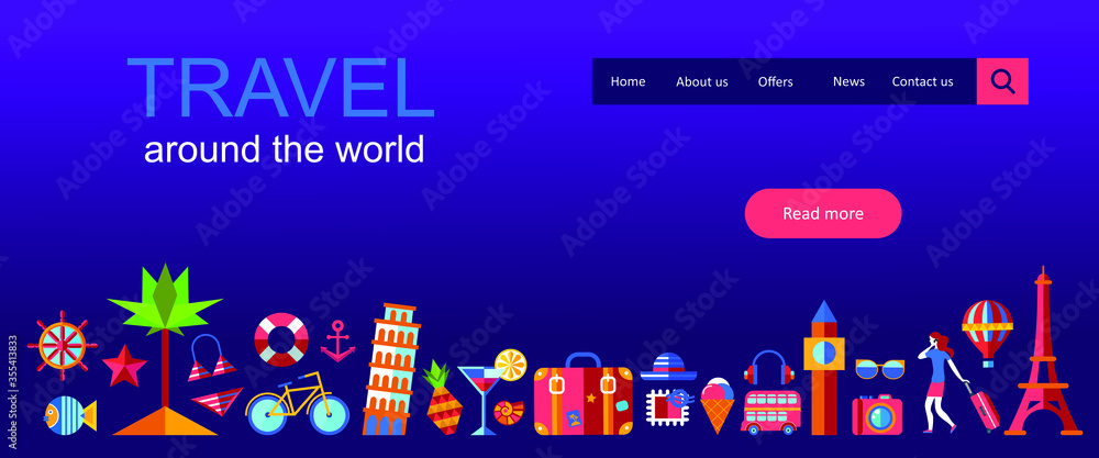 color horizontal vector web banner for travel agency. vector illustration travel concept for landing page, web, ui, banner, flyer, poster, template, background