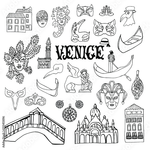 Set of Venetian elements in the Doodle style. Carnival masks, colored houses, gondola, Murano glass.  Freehand vector drawing isolated on white background. Coloring page for children and adults.