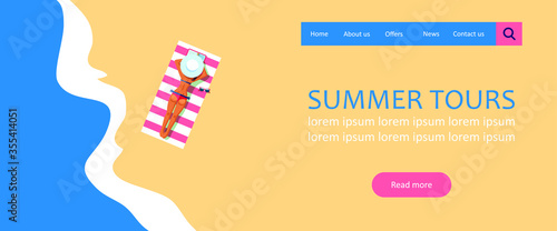  top view vector banner template with sunbathing girl . Beach vacation. Vector illustration concept for landing page, web, ui, banner, flyer, poster, template, background