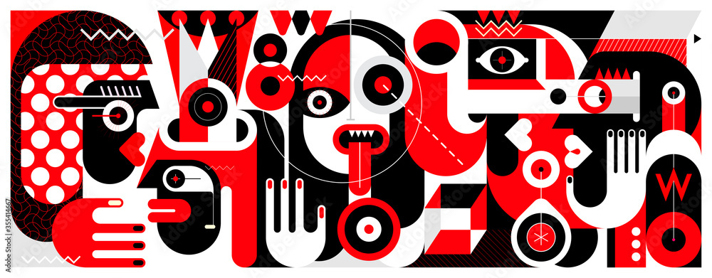 Red, black and white vector illustration of Group of Different People and A Bottle of Wine. Red, black and white vector illustration of Group of Different People and A Bottle of Wine.