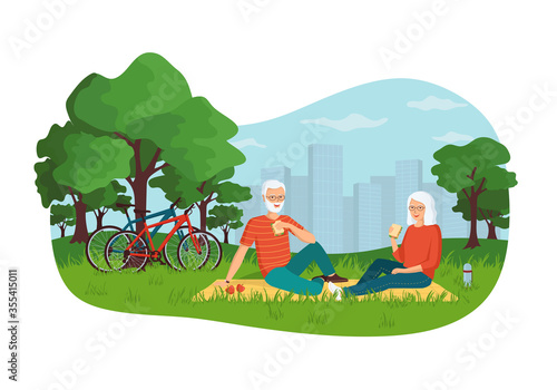 Smiling gray-haired man and woman are sitting in a city park. Concept elderly couple on a bike ride. Active holiday in retirement. Happy elderly family. Cartoon vector illustration.