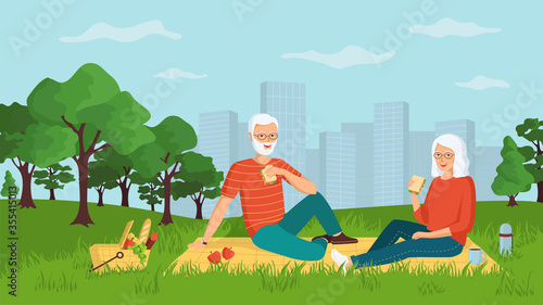 Smiling gray-haired man and woman are sitting outdoors in a city park. Concept elderly couple on a picnic. Active holiday in retirement. Happy aged family. Cartoon vector illustration.