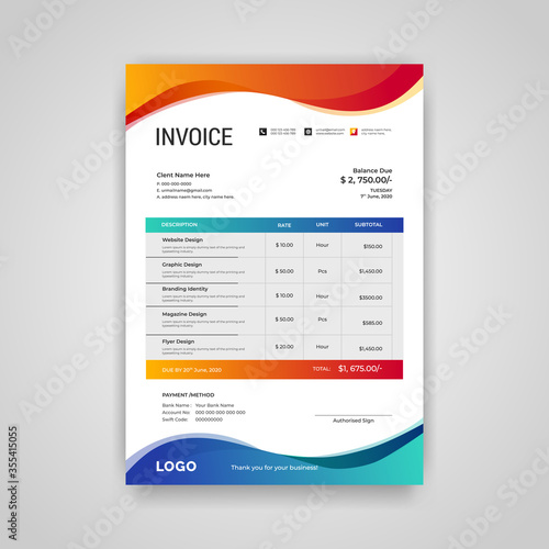 Abstract modern colorful business invoice template. Quotation Invoice Layout Template Paper Sheet Include Accounting, Price, Tax, and Quantity. Vector illustration of Finance Document.