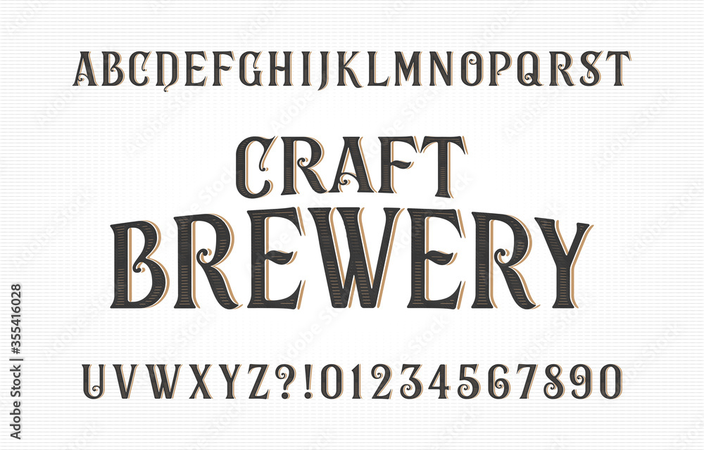 Craft Brewery alphabet font. Vintage handwritten letters and numbers. Stock vector typescript for your typography design.