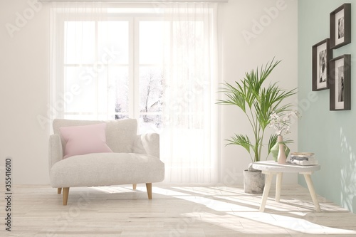 White cozy minimalist room with armchair. Scandinavian interior design. 3D illustration