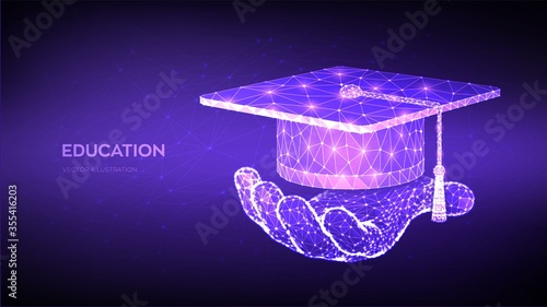 Abstract Low Polygonal Graduation cap. Student hat in hand. E-learning concept. Innovative online education. Distance graduate certificate program. Academic study, online learning. Vector illustration