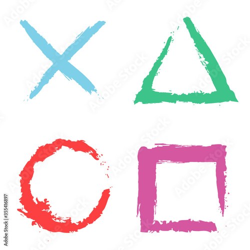 Game console, joystick symbols. Grunge style shapes on a white background.