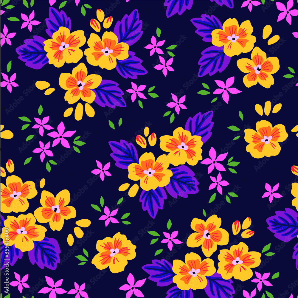 Floral seamless pattern with small flowers in vintage style. Surface design of yellow flowers and purple leaves on a dark background. A bouquet of spring flowers for fashion prints. Modern fond.