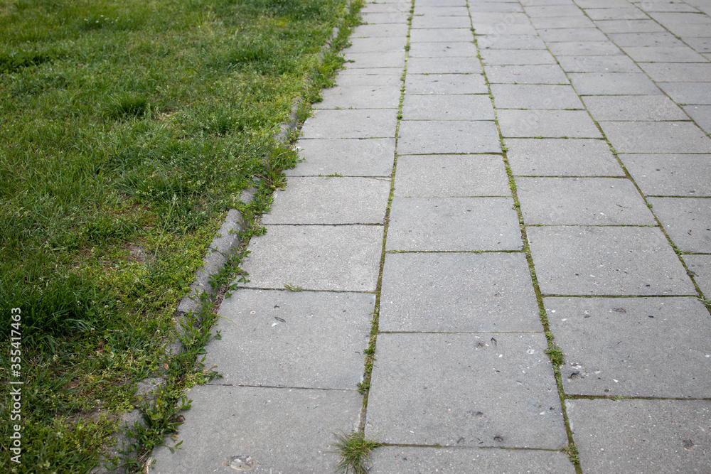 pavement background with concrete slabs and lawn with green grass