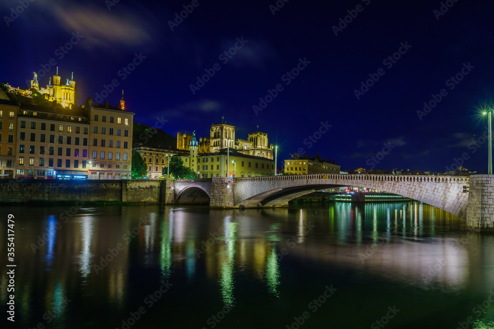 Night view of the Saone, Saint-Jean, and Notre-Dame, in Lyon