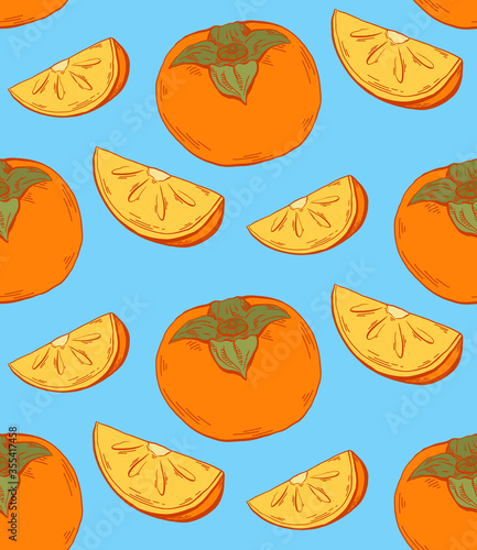 Persimmon color sketch seamless contour pattern on blue background. Healthy food with fruits and slices. Vector colorful texture