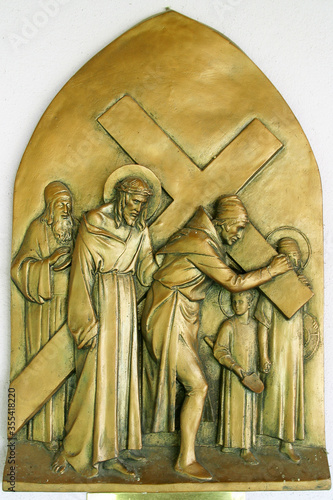Canvas Print 5th Stations of the Cross, Simon of Cyrene carries the cross, parish church of t