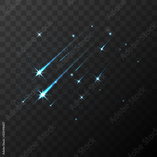 Color vector shooting stars falling stars meteor and comet on transparent plaid background. Fall star in space, fantasy science in cosmos, asteroid color in galaxy.