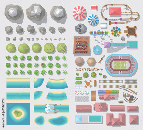 Set of landscape elements. Amusement park. (Top view)
Mountains, rocks, hills, trees, river, attractions, tents, construction. (View from above)