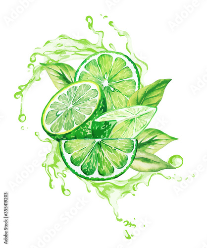 Limes and leaves in the splash of green juice