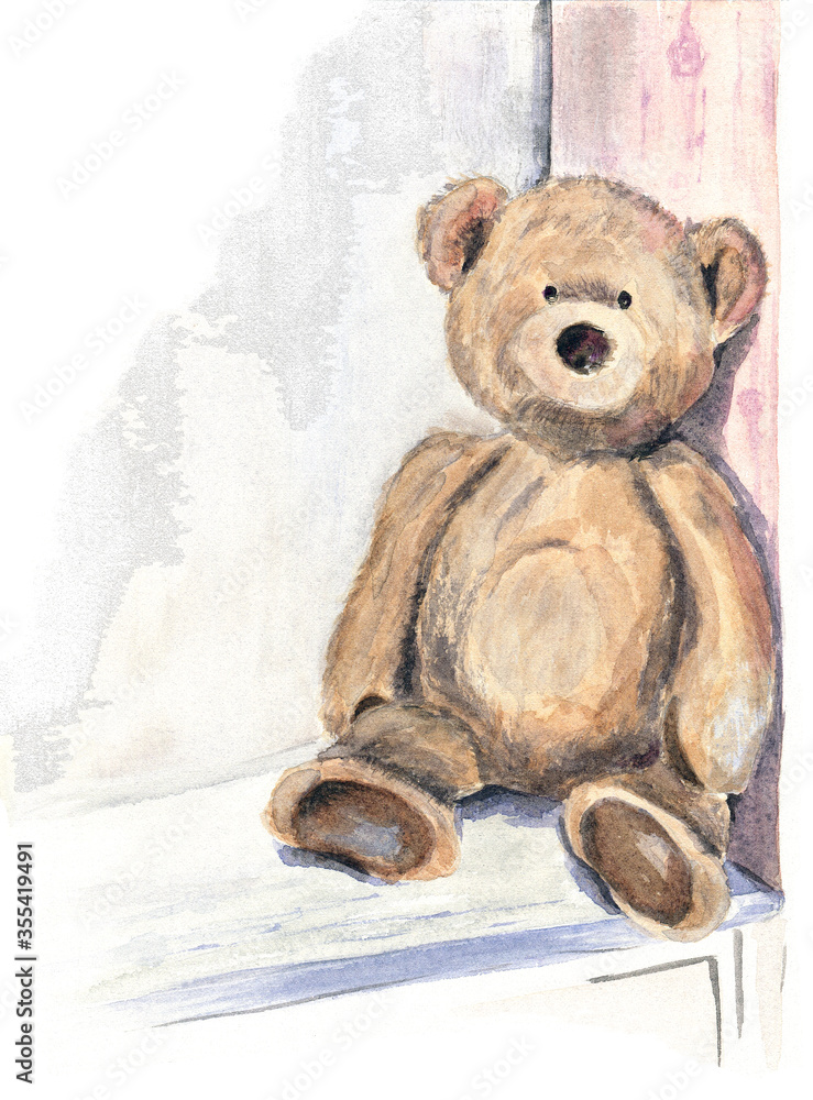 Transparent watercolor drawing of the plush bear sitting on a shelf. Pale blue and pink color range is melting in a white background. Memories from childhood, sweet and cozy home mood.