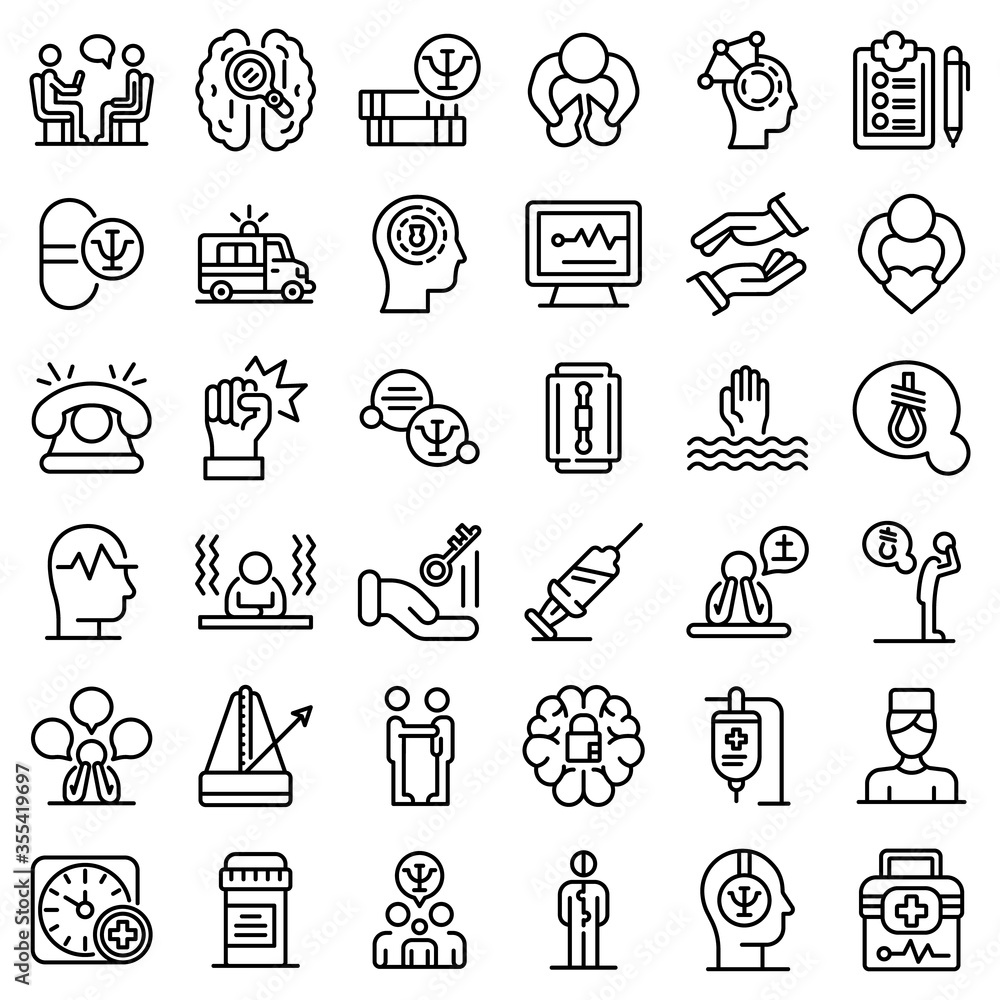 © ylivdesign - Supporting mental health icons set. Outline set of supporting mental health vector icons for web design isolated on white background