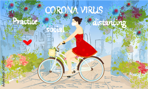 Corona Virus, practice social distancing banner with buildings, greens and flowers, girl on a bike in a white medical face mask, Coronavirus Bacteria