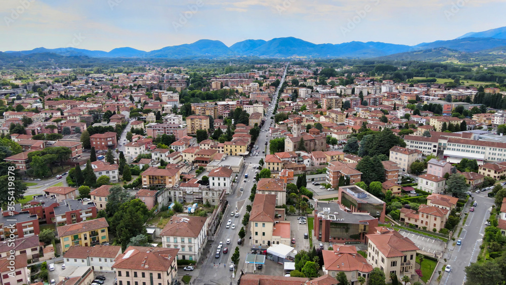 Amazing aerial view of Lucca medieval town in Tuscany