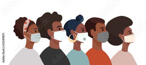Group of African American people: men and women wearing medical masks to prevent disease, flu, air pollution, contaminated air, world pollution. Colourful cartoon vector illustration in a flat style.