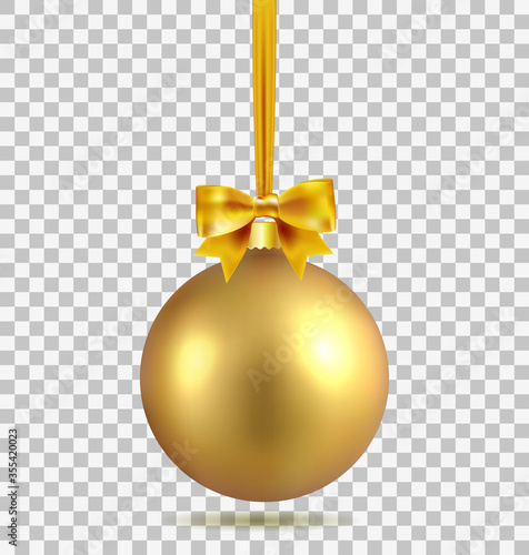Gold Christmas ball with ribbon and a bow, isolated on transparent background. Template of matt realistic Christmas ball. Stocking element christmas decorations. Isolated object. Vector.