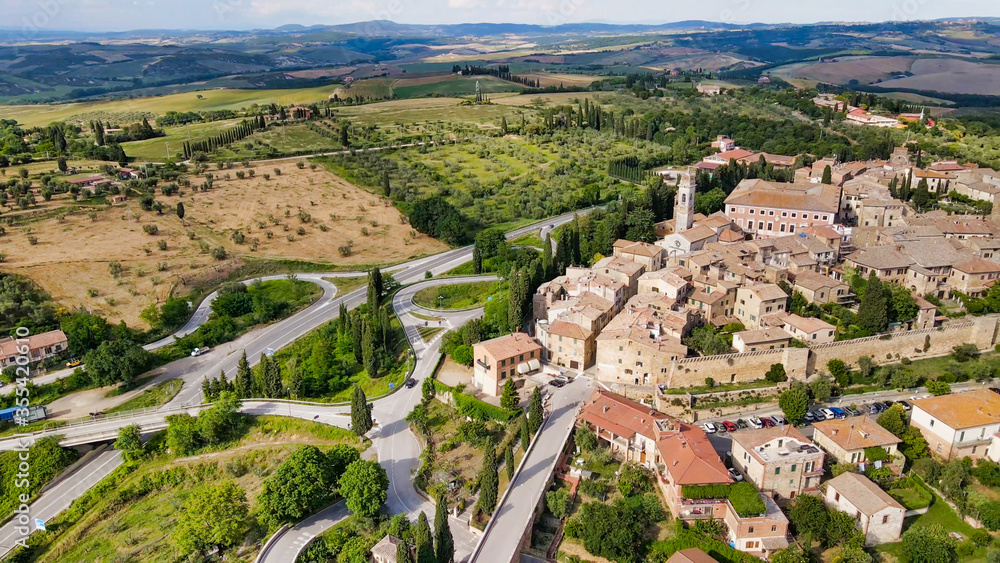 Amazing aerial view of San Quirico medieval town in Tuscany
