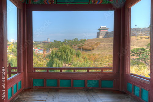 Suwon viewed from Banghwasuryujeong Pavilion, Republic of Korea photo