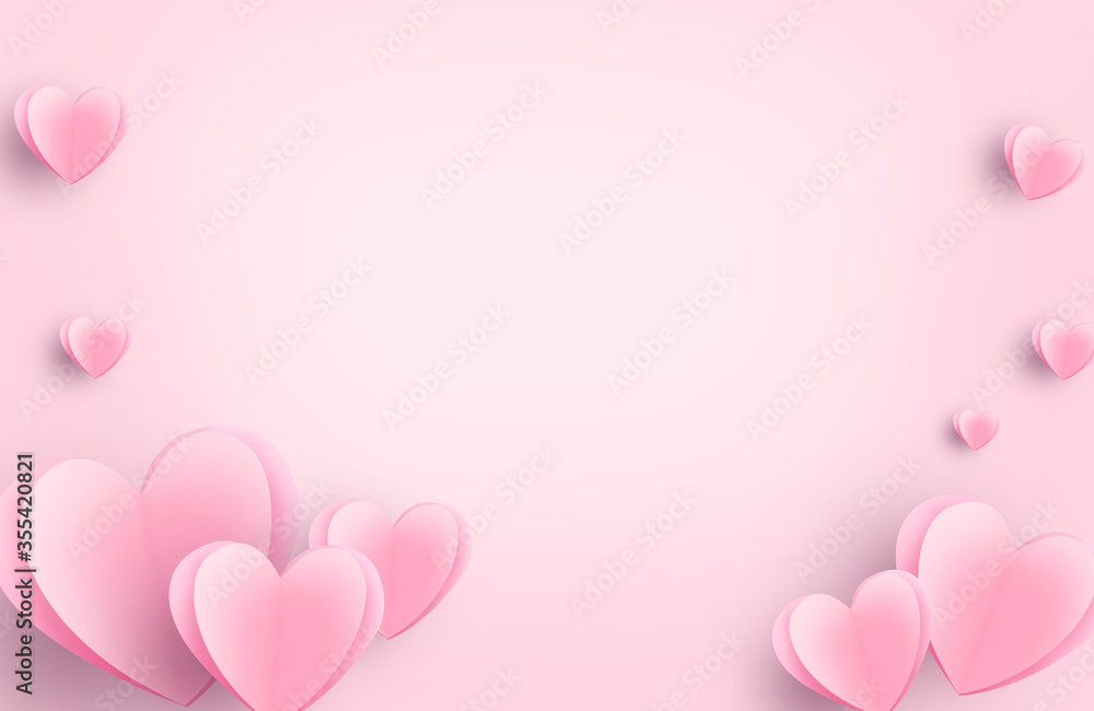 Paper elements in shape of heart flying on pink background. symbols of love for Valentine's Day, birthday greeting card design