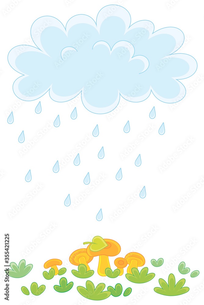 Funny plump rain cloud with dripping raindrops pouring mushrooms on a green forest glade on a rainy summer day, vector cartoon illustration on a white background