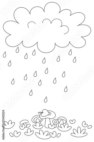 Funny plump rain cloud with dripping raindrops pouring mushrooms on a forest glade on a rainy summer day, black and white vector cartoon illustration for a coloring book page