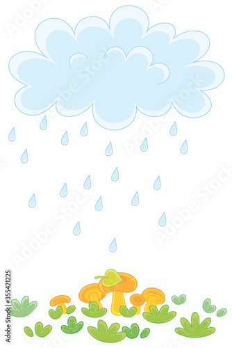 Funny plump rain cloud with dripping raindrops pouring mushrooms on a green forest glade on a rainy summer day, vector cartoon illustration on a white background