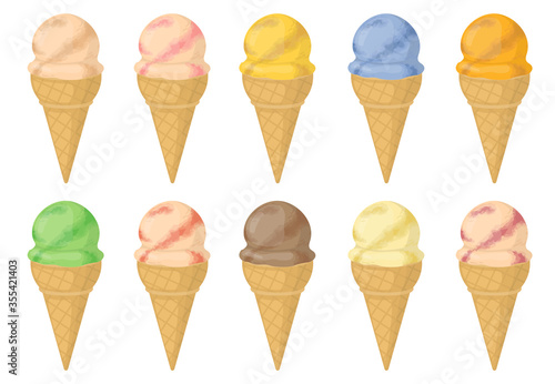 Delicious colorful ice creams in waffle cone isolated on white background. Set of ice cream illustration.