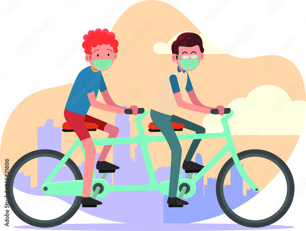 2 young boy are cycling together outside while using medical mask 2 young boy are cycling together outside while using medical mask