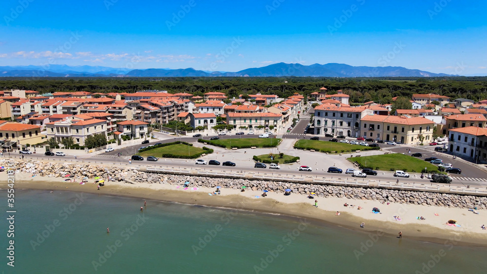 Amazing aerial view of Marina di Pisa coastline, Tuscany