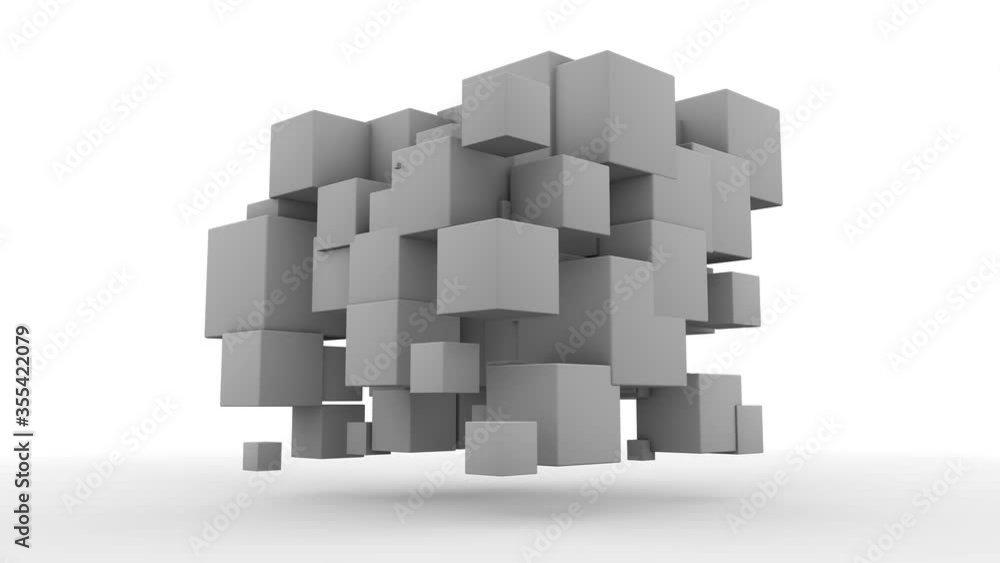 3D animation of a white cube that splits into many clubs that disintegrate in a chain reaction to fragments. The design is restored and merged into a 4K cube background abstraction. 3D animation of a white cube that splits into many clubs that disintegrate in a chain reaction to fragments. The design is restored and merged into a 4K cube background abstraction.