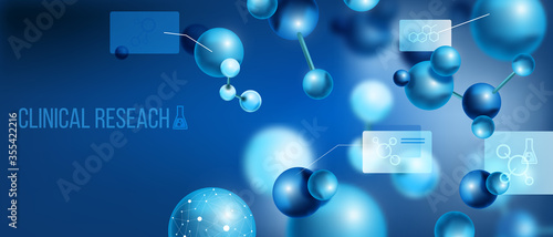 Abstract blue background with molecules, core cells, copy space. Clinical research banner in 3D style. Chemistry medical concept with microscopic particles, scientific icons