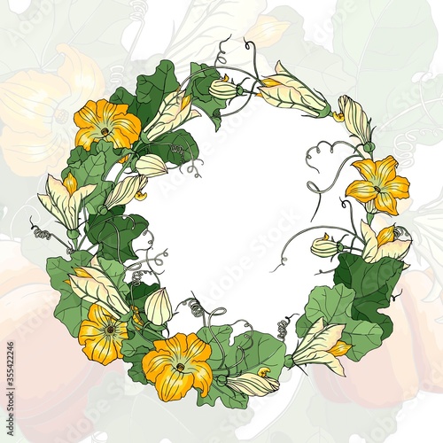 Vector square multicolored autumn card. Wreath of colorful leaves and flowers of pumpkin on colorful background. Hand line drawing. Template for Thanksgiving greeting card, Harvest festival invitation
