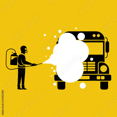 Bus disinfection black silhouette. Cleaning and washing. Prevention coronavirus covid-19. Man in hazmat. Spraying from bacteria. Vector  flat design. Clean surfaces in car with a disinfectant spray.